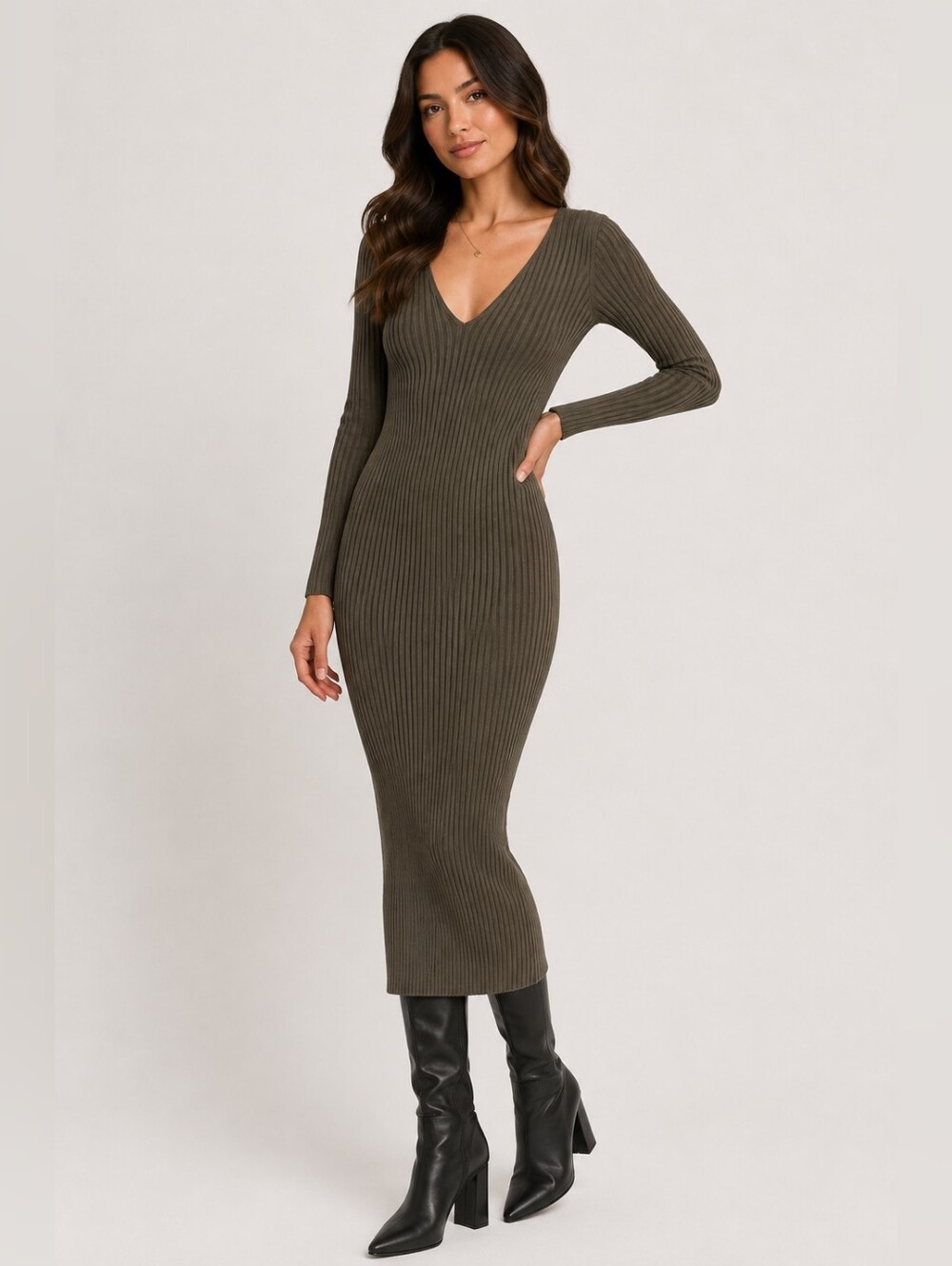 Hera Collection Olive Ribbed Midi Dress